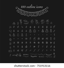 Big Christmas icon set. 100 winter  handdrawn icons. Vector logo, emblems, designs. Usable for banners, greeting cards, gifts etc.