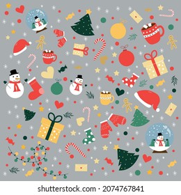 Big Christmas and New Year collection with decorative elements. Christmas pattern. 2021. 2022. Trendy. Vector design. Gifts, christmas tree, snowman, lights, toys, stars, hearts, socks, gloves.