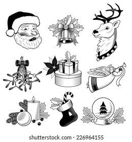 Big christmas new year holiday black and white icons set isolated vector illustration
