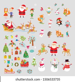 Big christmas new year vector set. Santa, animals and elements
