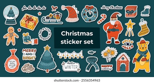 Big Christmas, New Year, wintertime sticker set with colourful doodle and lettering for planners, notepad. Ready for print list of cute stickers. Hand drawn cartoon Childish Xmas and Noel collection.