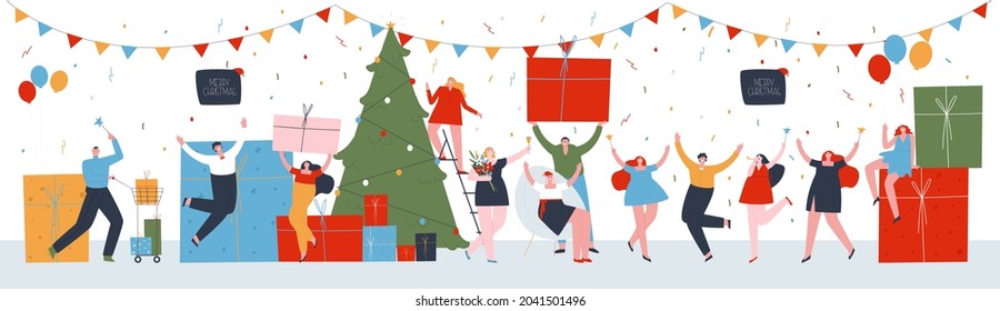 The Big Christmas Party. Lots Of Guests, Presents And A Big Christmas Tree. Flat Vector Illustration.