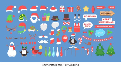 Big Christmas Party Props For Photobooth Set. Collection Of Hat, Mask And Other Decoration For Fun. Flat Vector Illustration