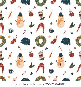 Big Christmas pattern of design elements. Pattern with Christmas tree, stars, snowman, wreath, branches and leaves. Cute elements. Hand drawn vector illustration.