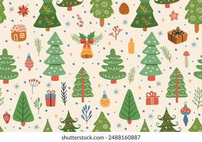 Big christmas pattern of elements for design. pattern with Christmas tree, gifts, garlands stars, twigs and leaves. Cute elements in Memphis boho style. Vector Hand drawing in Scandinavian style.