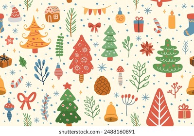 Big christmas pattern of elements for design. pattern with Christmas tree, gifts, garlands stars, twigs and leaves. Cute elements in Memphis boho style. Vector Hand drawing in Scandinavian style.