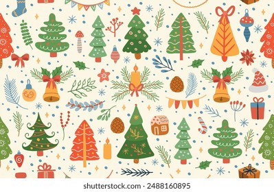 Big christmas pattern of elements for design. pattern with Christmas tree, gifts, garlands stars, twigs and leaves. Cute elements in Memphis boho style. Vector Hand drawing in Scandinavian style.