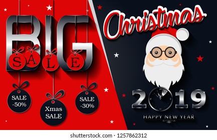Big Christmas sale, 2019 Happy New Year Background and Santa claus.