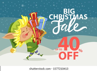 Big christmas sale, up to 40 percent off. Winter discounts, good offer to buy holiday presents. Elf carry boxes with gifts. Fairy character stand in evening forest. Vector illustration of promotion