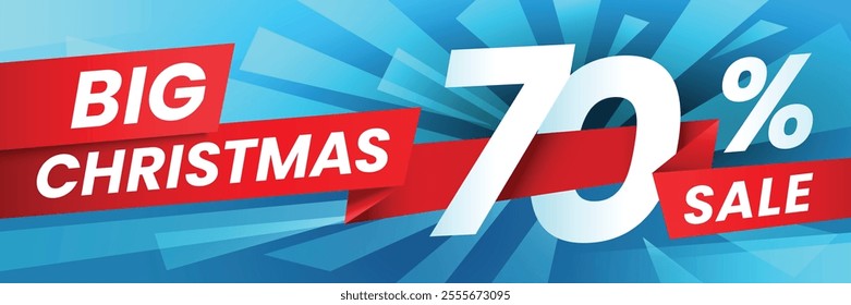 Big christmas sale advertising banner with seventy percent discount, white numbers with red ribbons on blue background with light blue rays promoting seasonal discounts