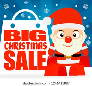 Big Christmas sale background with child in costume Santa Claus.Vector illustration