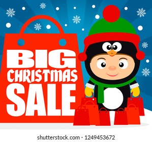 Big Christmas sale background with child in costume penguin.Vector illustration