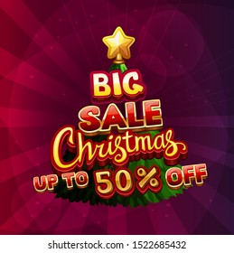 Big Christmas sale banner. 50 percent off with Christmas tree. On abstract red background. Vector illustration