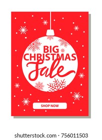 Big Christmas sale banner with decorative ball and button shop now vector illustration isolated on red background with xmas decorative toy and snowflakes