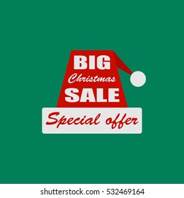 Big christmas sale banner. Discount poster. Special offer. Red christmas hat on a green background. Vector, eps10