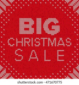 Big christmas Sale. Bright Christmas Card With Nordic Ornament. Wool Knitted Texture. Red Colour. Vector Illustration