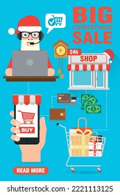 Big Christmas sale concept flat design with shopping cart, basket. Vector illustration