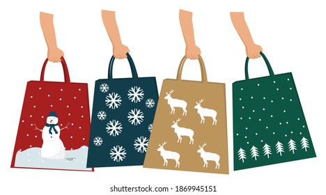 Big Christmas sale, design concept with packing bags for banner template or advertising element, hands holding colorful shopping or gift bags. Sales sign.  Set of vector illustrations. 