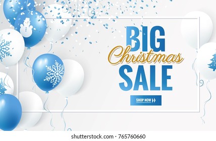 Big Christmas sale design template. Holiday winter background with balloons. Vector illustration