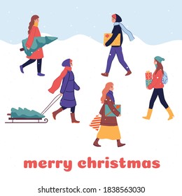 Big Christmas sale, Happy New Year market, people shopping, buying gifts. Crowd in warm clothes walking and carrying present boxes. Cartoon winter poster, banner, greeting card set. Outdoor activities