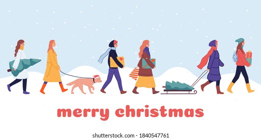 Big Christmas sale, Happy New Year market, people shopping, buying gifts. Crowd in warm clothes walking and carrying present boxes. Cartoon winter poster, banner, greeting card set. Outdoor activities