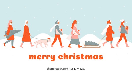 Big Christmas sale, Happy New Year market, people shopping, buying gifts. Crowd in warm clothes walking and carrying present boxes. Cartoon winter poster, banner, greeting card set. Outdoor activities