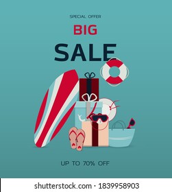 Big Christmas sale of holiday and beach goods. Flat illustration with text, a surfboard, a mask for scuba diving and summer accessories. Banner for advertising in a store, hypermarket, website, app