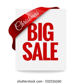 Big Christmas sale. Label, price tag with a red ribbon on white background. Vector illustration.