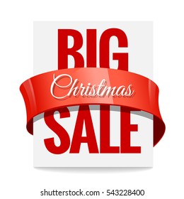 Big Christmas sale. Label, price tag with a red ribbon on white background. Vector illustration.