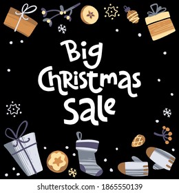 Big Christmas sale. Modern style lettering and hand drawn winter holiday symbols and decoration. Vector illustration for cards, leaflets or banners.