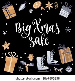 Big Christmas sale. Modern style lettering and hand drawn winter holiday symbols and decoration. Vector illustration for cards, leaflets or banners.