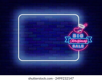 Big Christmas sale neon banner. Season winter shopping greeting card. Empty white frame and text with Santa Claus sock. Special offer flyer. Copy space. Editing text. Vector stock illustration