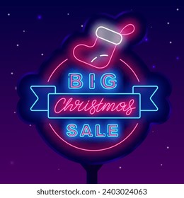 Big Christmas sale neon street billboard. Glowing outdoor advertising. Santa sock symbol. Colorful advertising with circle frame. Season December shopping. Glowing banner. Vector stock illustration