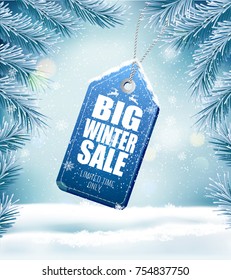 Big Christmas sale on winter background with branches of tree and snowflakes. Vector