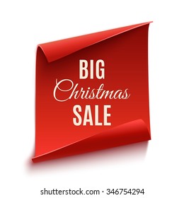 Big Christmas sale poster, isolated on white background. Red, curved, paper banner. Vector illustration.