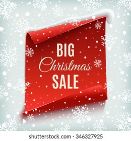 Big Christmas sale poster. Red, curved, paper banner on winter background with snow and snowflakes. Vector illustration.