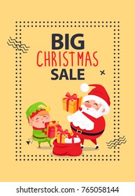 Big christmas sale poster with Santa Claus and elf cartoon characters going to present gift boxes from red sack vector illustration postcard