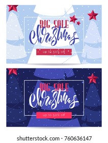 Big christmas sale posters. Beautiful winter background with snowflakes and christmas trees. Voucher discount. Vector illustration