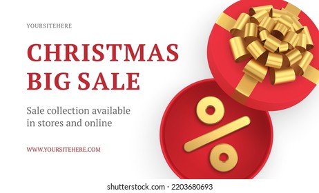 Big Christmas sale premium web banner template open red gift box percentage special offer realistic 3d icon vector illustration. Xmas seasonal discount December price off surprise present package