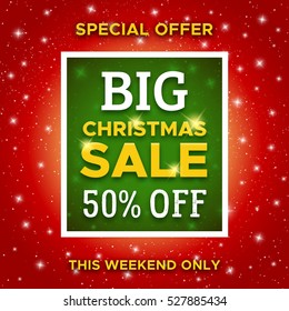 Big Christmas Sale promotion banner with special offer 50 percent off. Abstract red vector background with green typographic label for Xmas clearance marketing flyer.