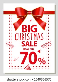 Big Christmas sale, promotion poster with 70 percent sale. Reduction of price on winter season. Banner decorated with ribbon bow and abstract shapes. Shop announcement on shopping proposal vector