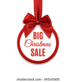 Big Christmas Sale, Round Banner With Red Ribbon And Bow, Isolated On White Background. Vector Illustration.
