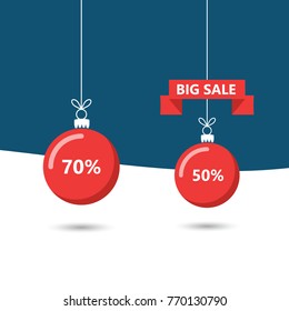 Big christmas sale. Shop market poster design with hanging christmas balls with 50 and more percent off. Beautiful discount and promotion. Winter holiday discount offer.
