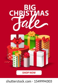 Big Christmas sale, shop now gifts. Vector colorful boxes with presents inside and tied with ribbon. Discounts in stores in december. Red poster with Xmas promotion, illustration of advertising