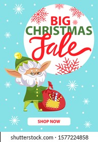 Big Christmas sale and shop now link flyer or website. Shopping poster decorated by snowflakes and elf cartoon character with presents bag. Advertising webpage or card with winter holiday promo vector