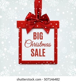 Big Christmas sale, square banner in form of  gift with red ribbon and bow, on winter background with snow and snowflakes. Brochure, greeting card or banner template. Vector illustration.