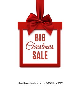 Big Christmas sale, square banner in form of  gift with red ribbon and bow, isolated on white background. Brochure, greeting card or banner template. Vector illustration.