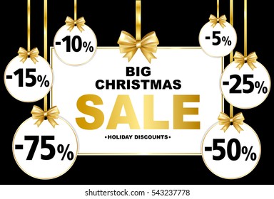 Big christmas sale tags with gold bow. Special offer vector banner. Shop market poster design.