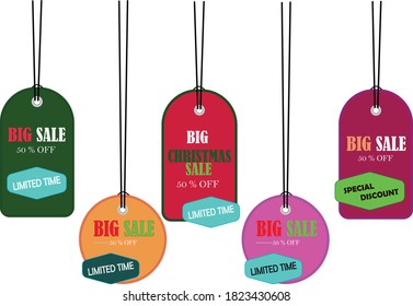 Big Christmas sale tags vector set with white and red tag price color hanging for Christmas holiday shopping promotion. Vector illustration.