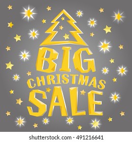 Big christmas sale with tree with gold stars. Christmas vector card, poster, banner